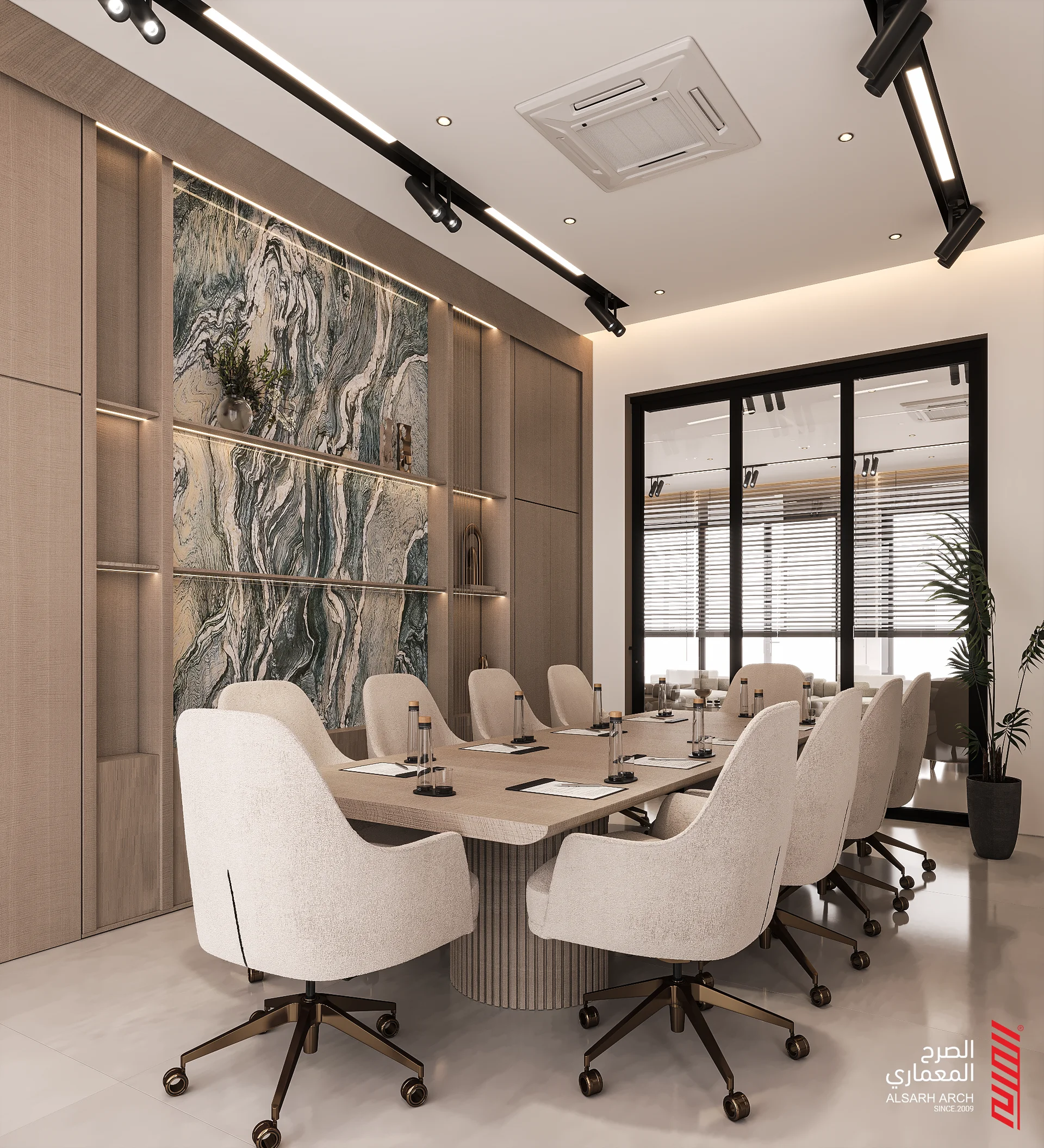 Carefully composed interior with warm materials and integrated lighting